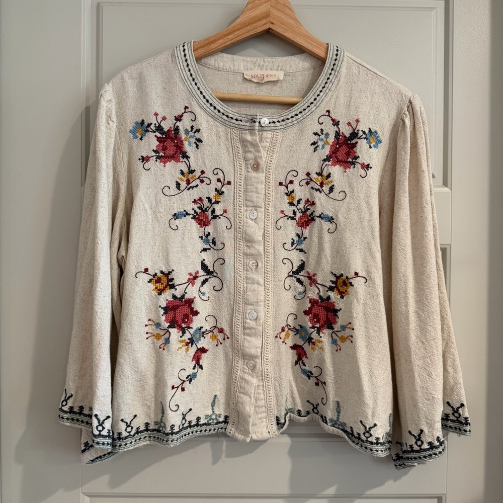 Solitaire Cream Embroidered Boho Floral Wide Sleeve‎ Top L/XL